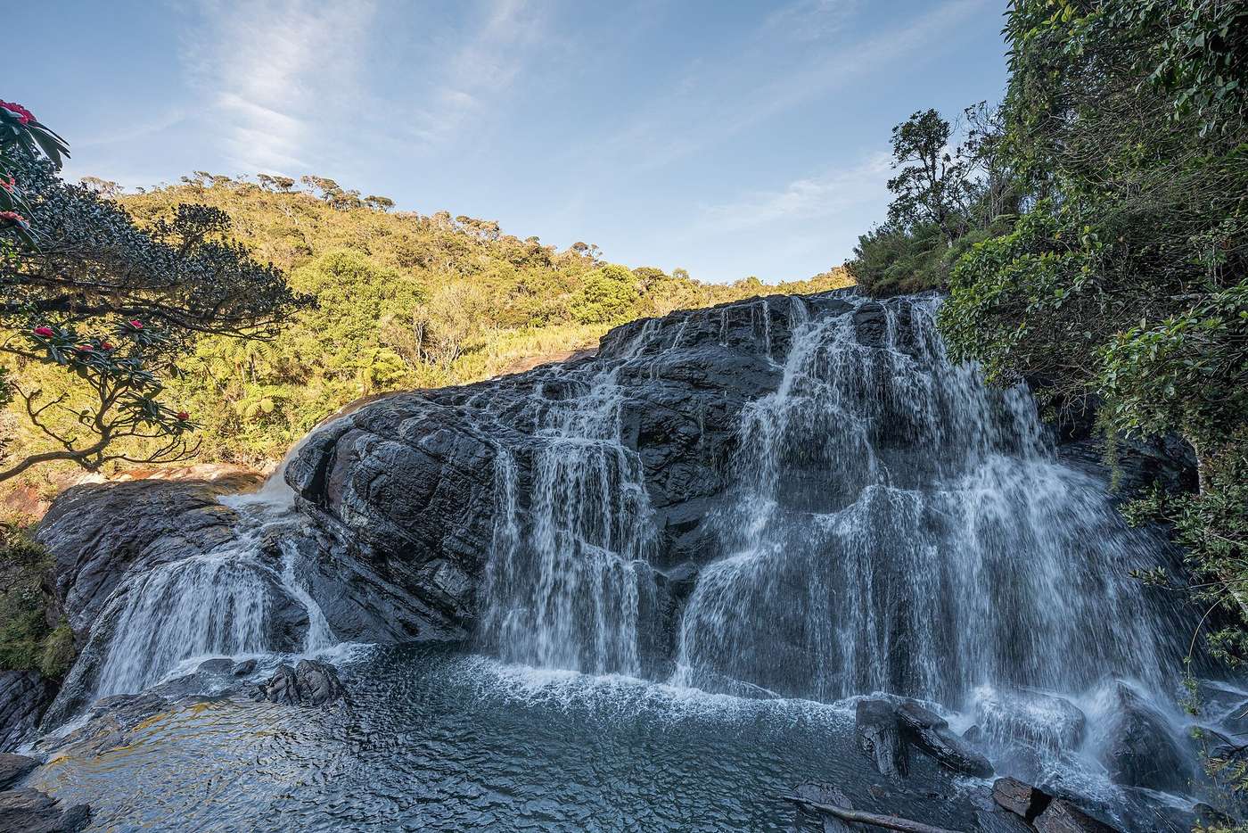 Baker's Falls cascading through the cloud forest at Horton Plains
